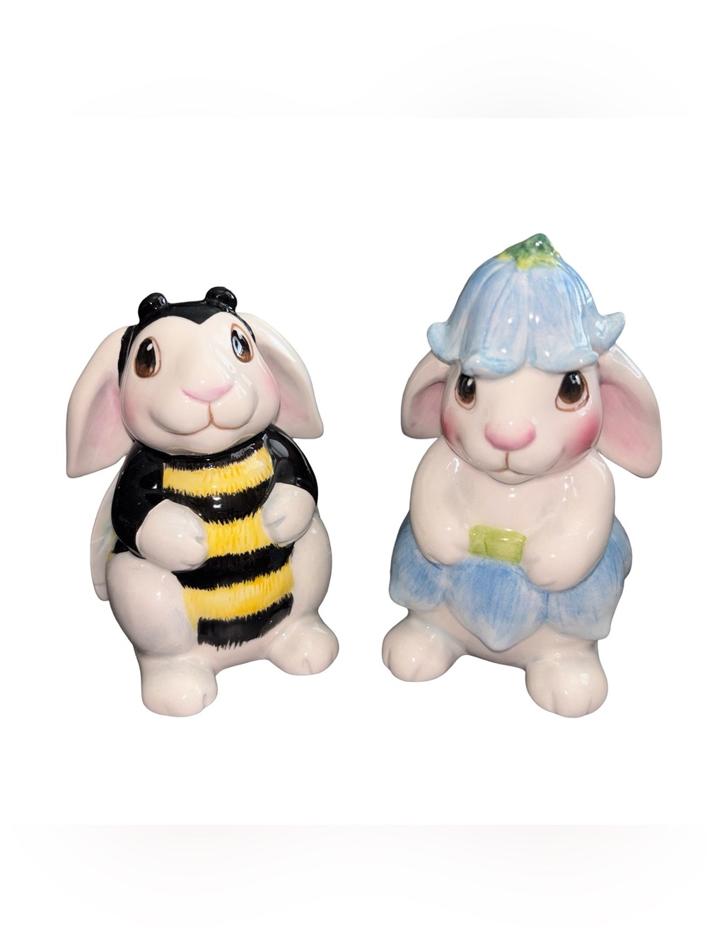 Fitz and Floyd Bunny Blooms Salt and Pepper Shaker Set Bee Flower Bunny